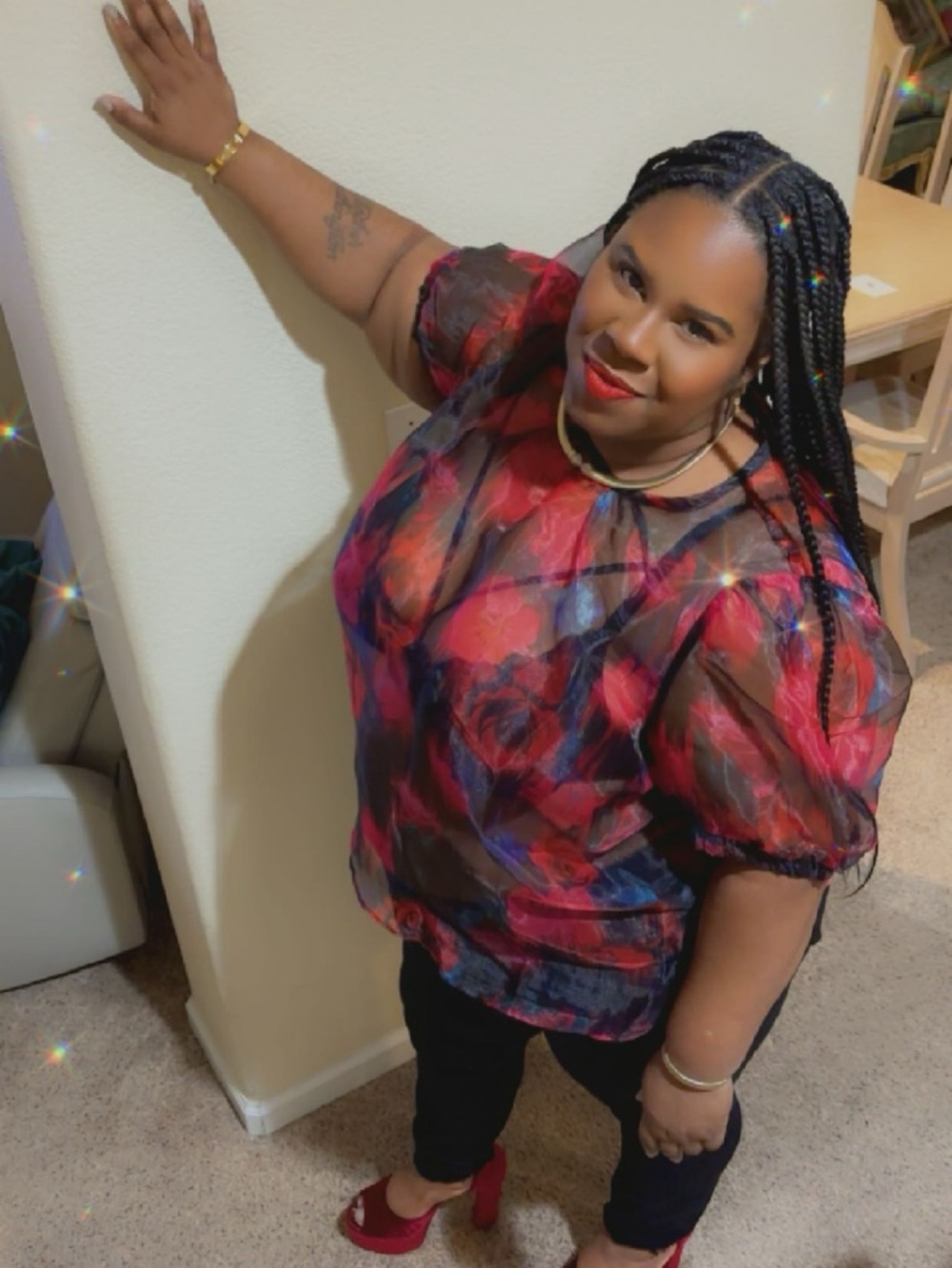 Torrid Sheer Floral Short Sleeve Blouse - Red Rose Print - Picture 5 of 11